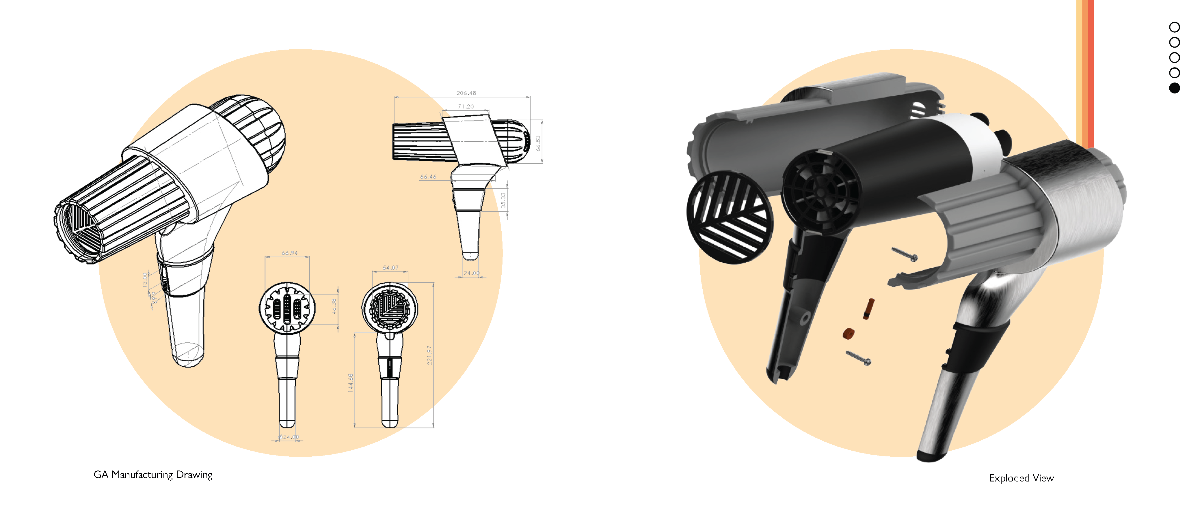 hairdryer technical drawing and exploded view page